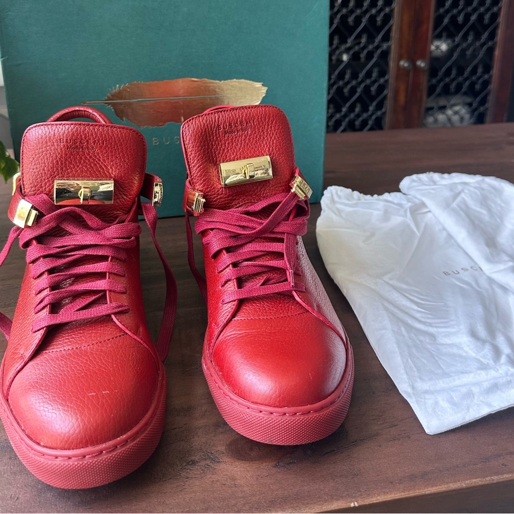 Jon Buscemi Red Leather High-Top Sneakers with Gold Metal Accents
